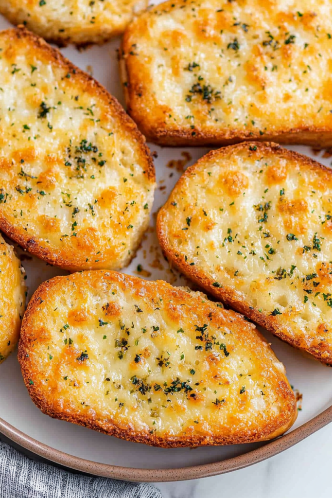 Plate of freshly toasted bread with garlic butter, cheese, and parsley.