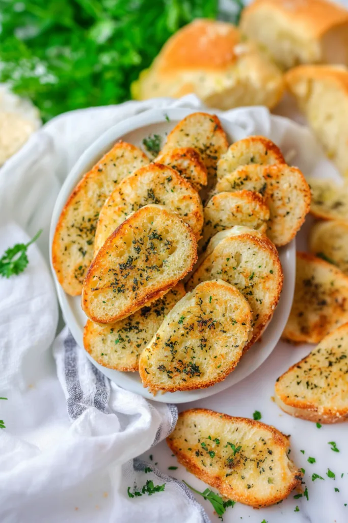 Herb-flecked bread slices with melted cheese and crunchy edges.