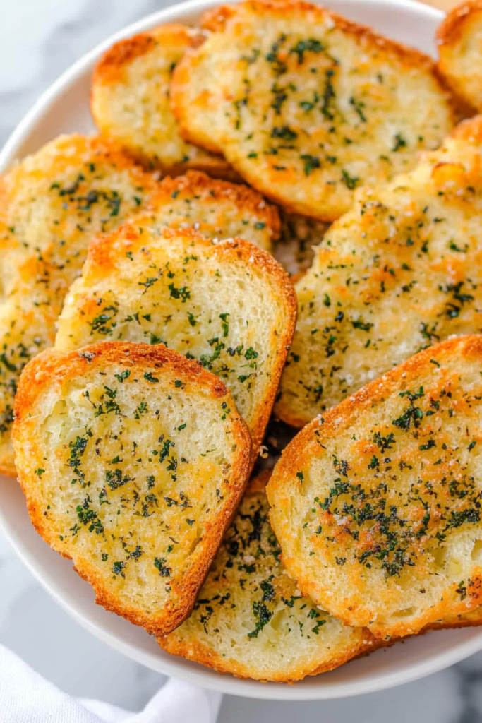 Close-up of crispy garlic bread with a cheesy, lightly browned surface.