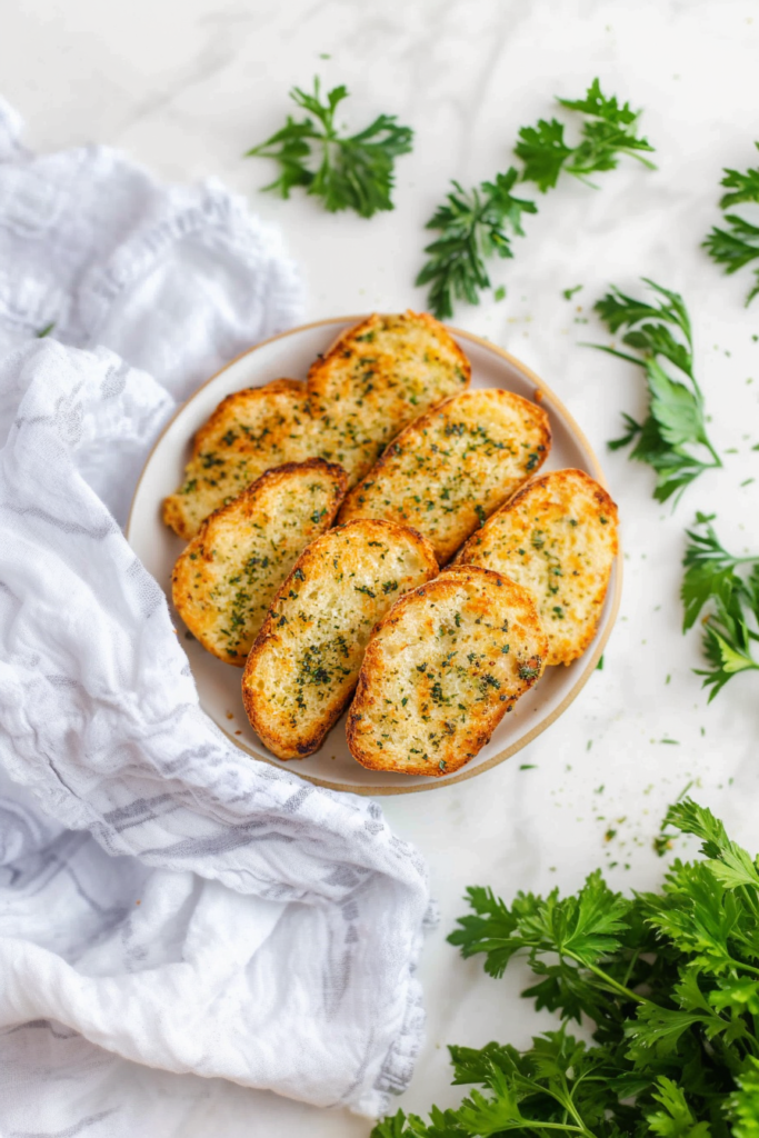 Golden toasted bread slices topped with melted cheese and herbs on a serving plate.