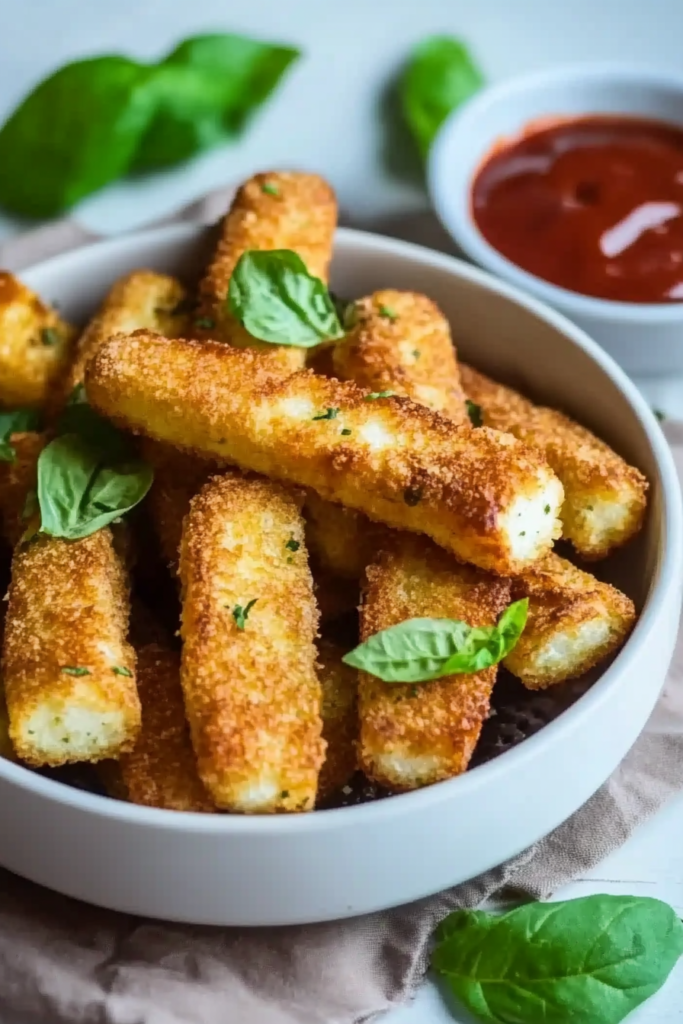 Close-up of crunchy air-fried halloumi sticks garnished with fresh herbs