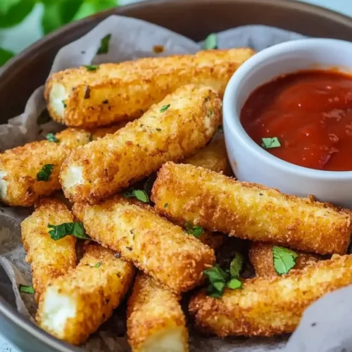 Freshly cooked halloumi fries paired with a red dipping sauce on parchment paper