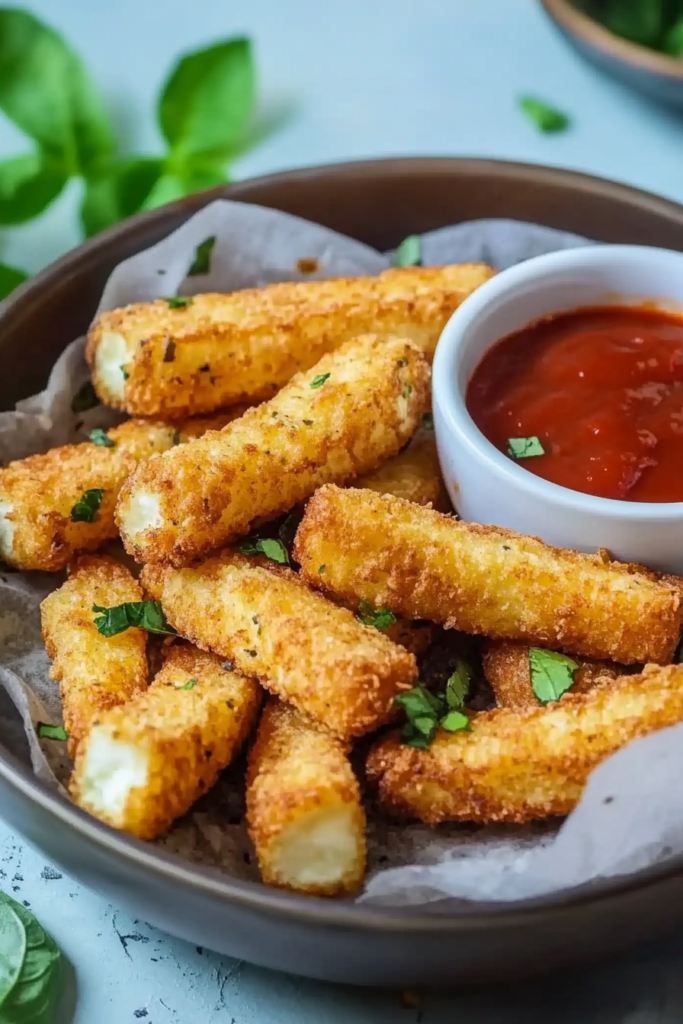 Freshly cooked halloumi fries paired with a red dipping sauce on parchment paper