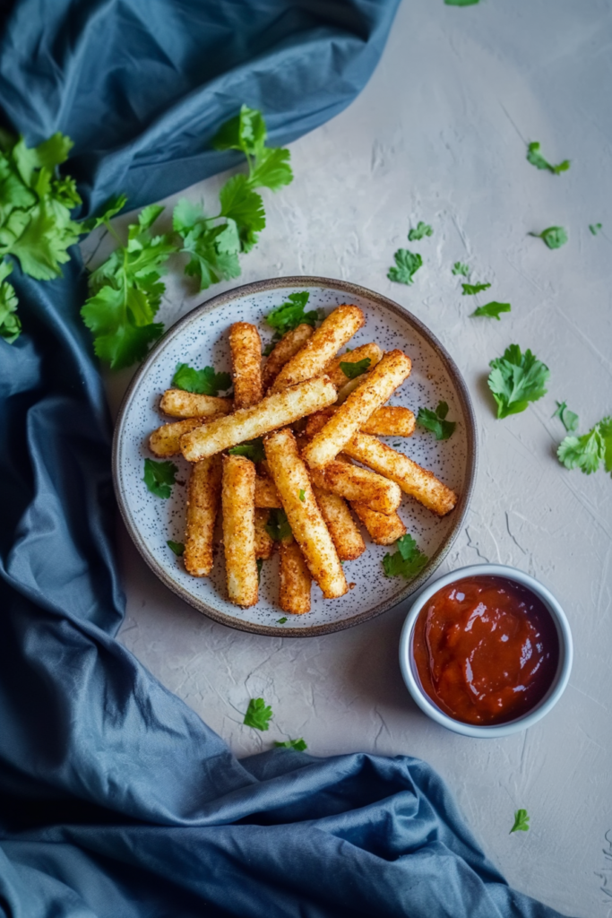 Crispy golden halloumi fries served in a bowl with marinara dipping sauce