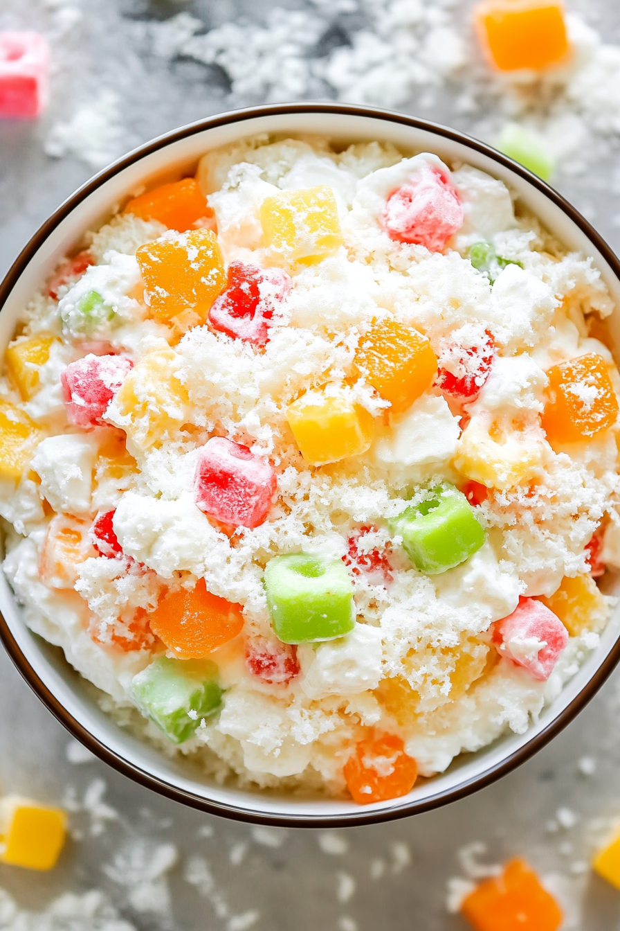 Creamy fruit salad with marshmallows, whipped topping, and colorful fruit pieces.