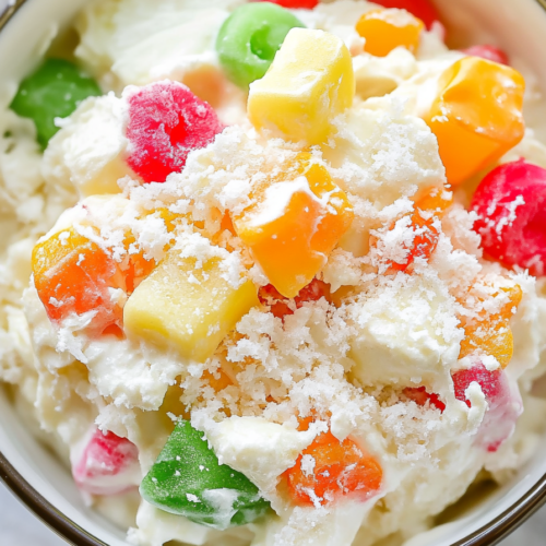 Close-up of a fluffy fruit and marshmallow mixture topped with shredded coconut.