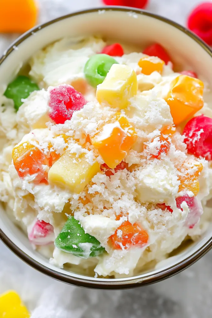 Close-up of a fluffy fruit and marshmallow mixture topped with shredded coconut.