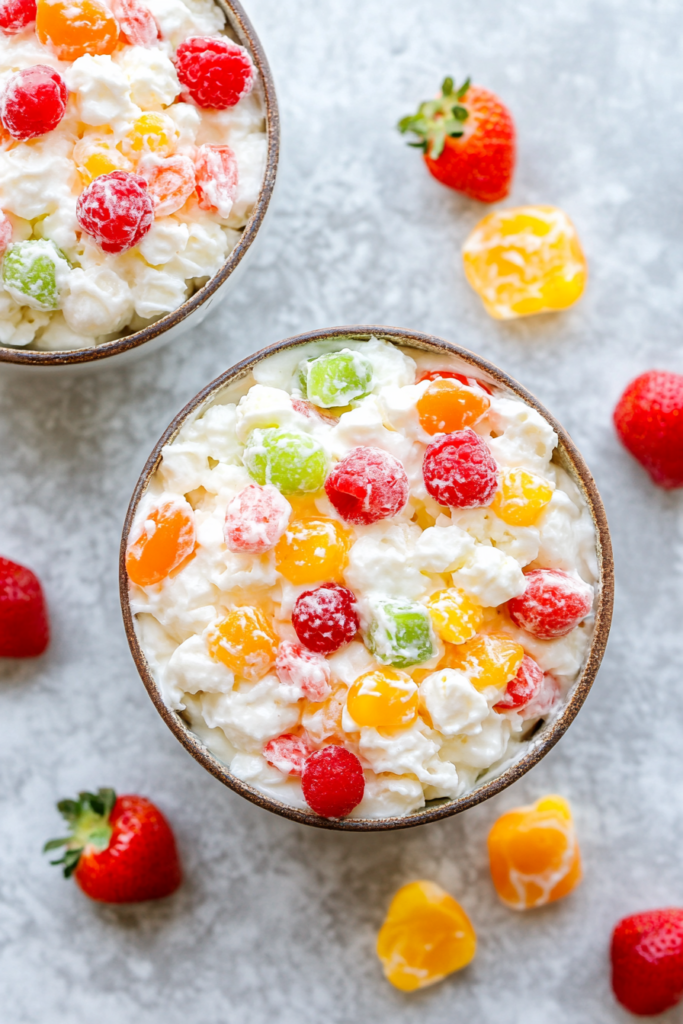 Finished Ambrosia Salad served cold with coconut flakes and mixed fruit.