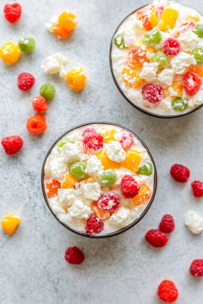 Classic creamy fruit dessert with marshmallows and whipped topping in a bowl.