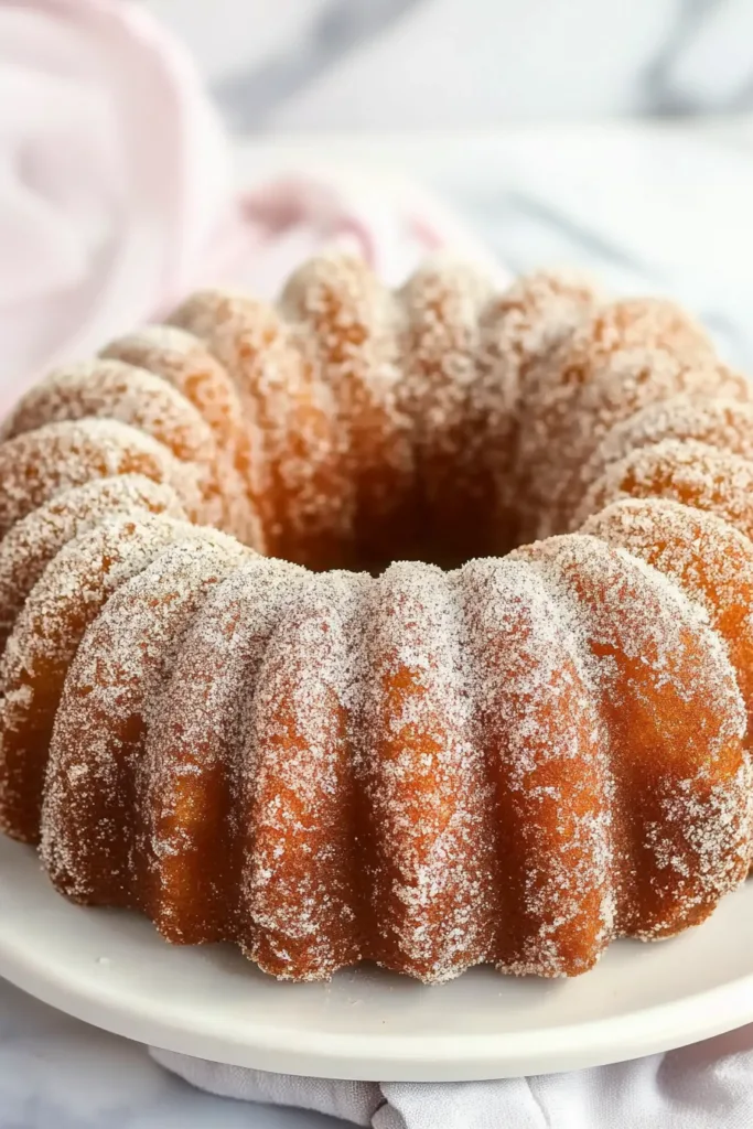 Moist ring-shaped cake covered in fine sugar crystals, displayed as a ready-to-serve dessert.