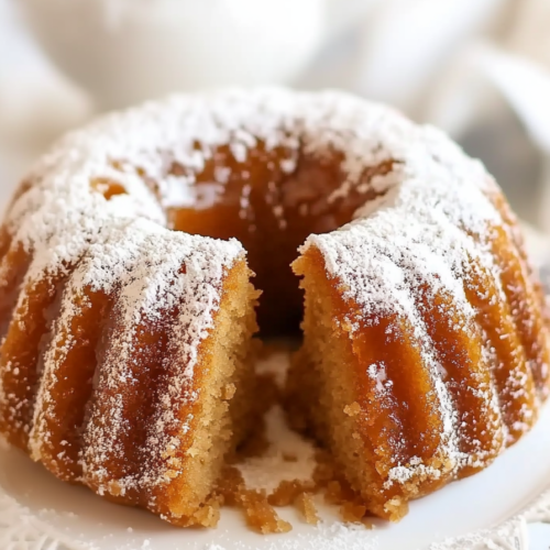 Close-up of a golden brown bundt cake dusted generously with sugar, showing its crisp exterior.
