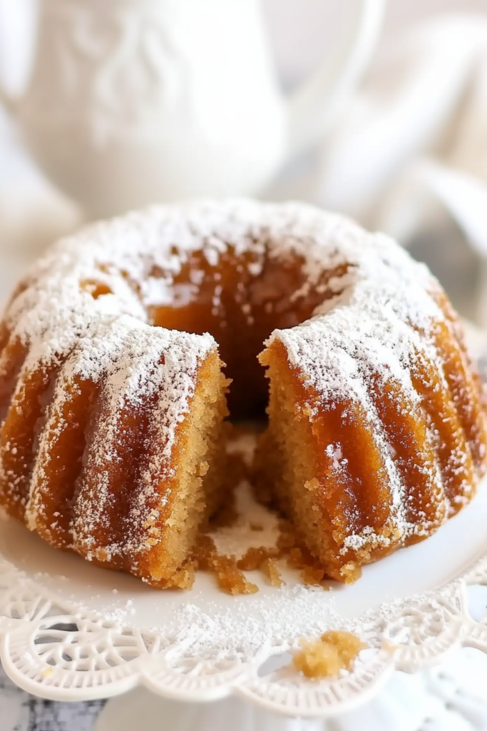 Close-up of a golden brown bundt cake dusted generously with sugar, showing its crisp exterior.