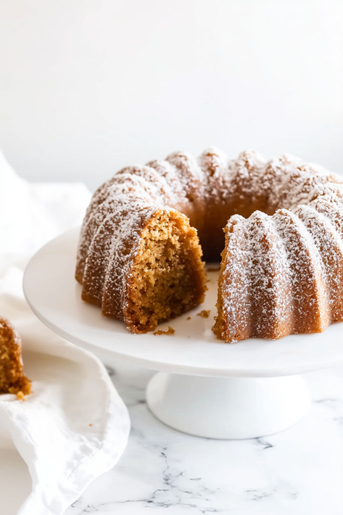 Bundt-style cake coated in cinnamon sugar, served on a white plate with a soft background.