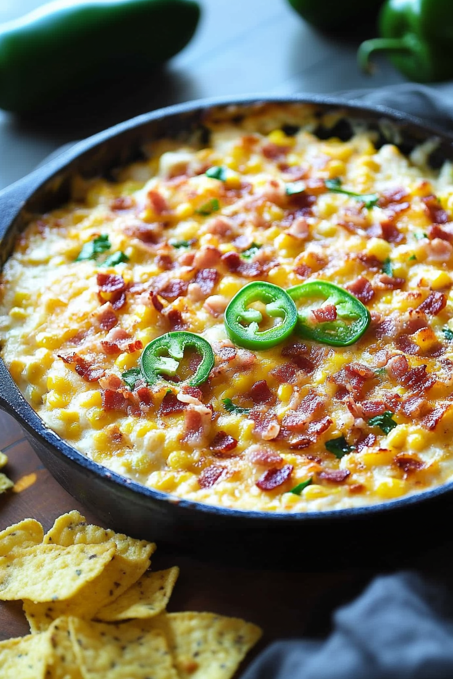 Skillet of bacon jalapeรฑo creamed corn topped with crispy bacon pieces and fresh herbs.