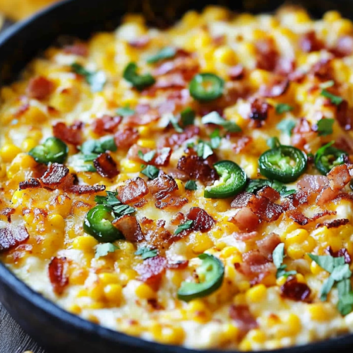 Close-up of creamy corn with melted cheese, sliced jalapeños, and crumbled bacon.