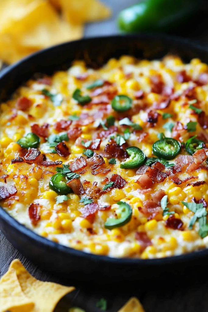 Close-up of creamy corn with melted cheese, sliced jalapeños, and crumbled bacon.