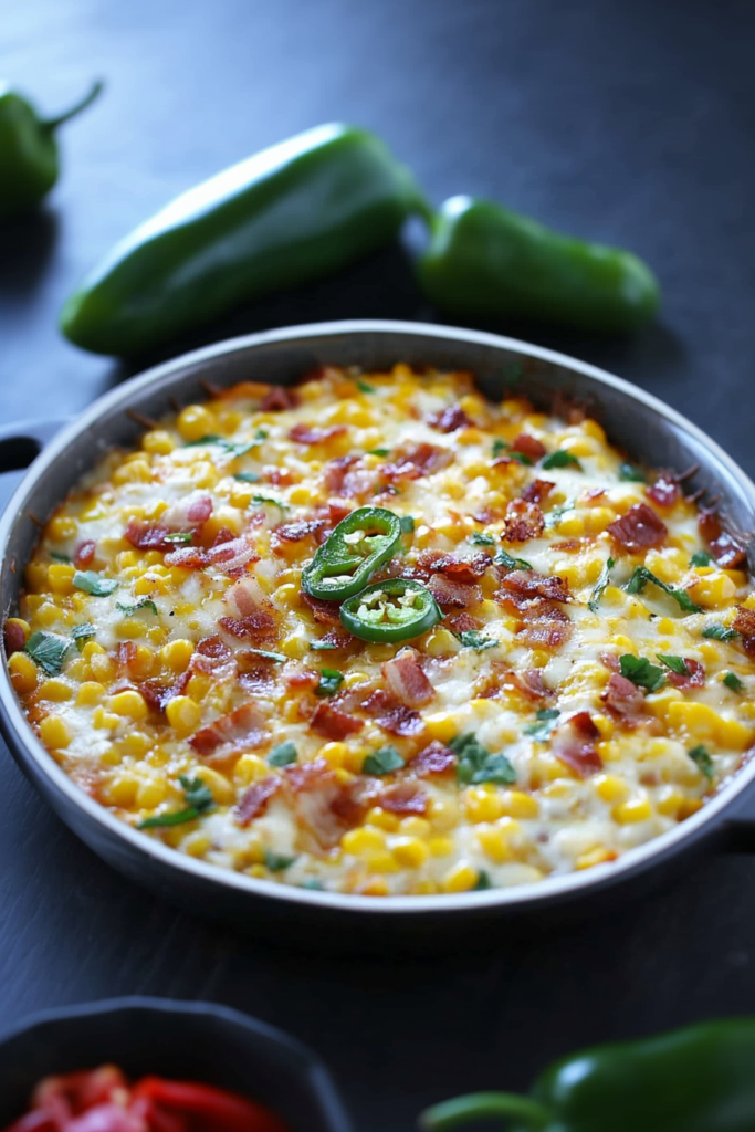 Golden creamed corn with bacon and jalapeño slices, showing rich and cheesy texture.