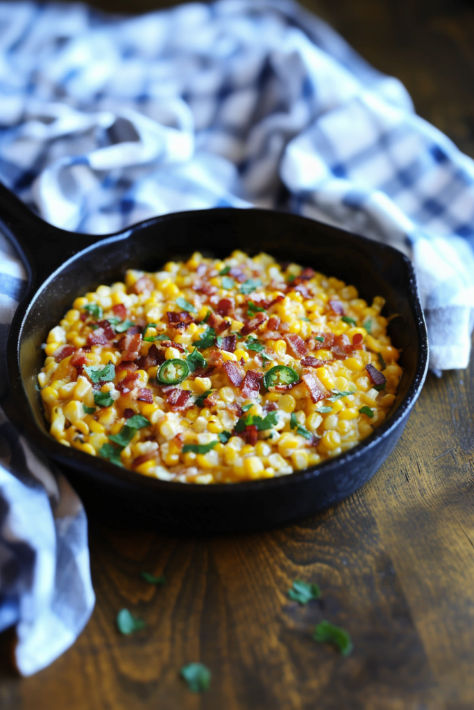 Freshly made Bacon Jalapeño Creamed Corn garnished with herbs and crispy bacon bits.