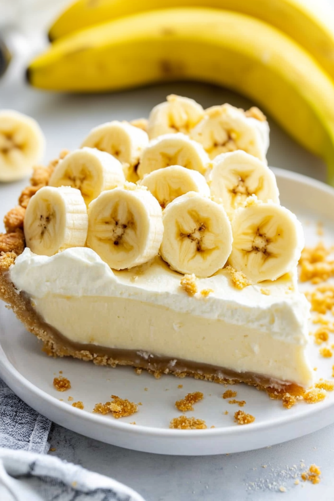 Creamy pie slice with whipped topping and banana slices, served with crumbs scattered on the plate.