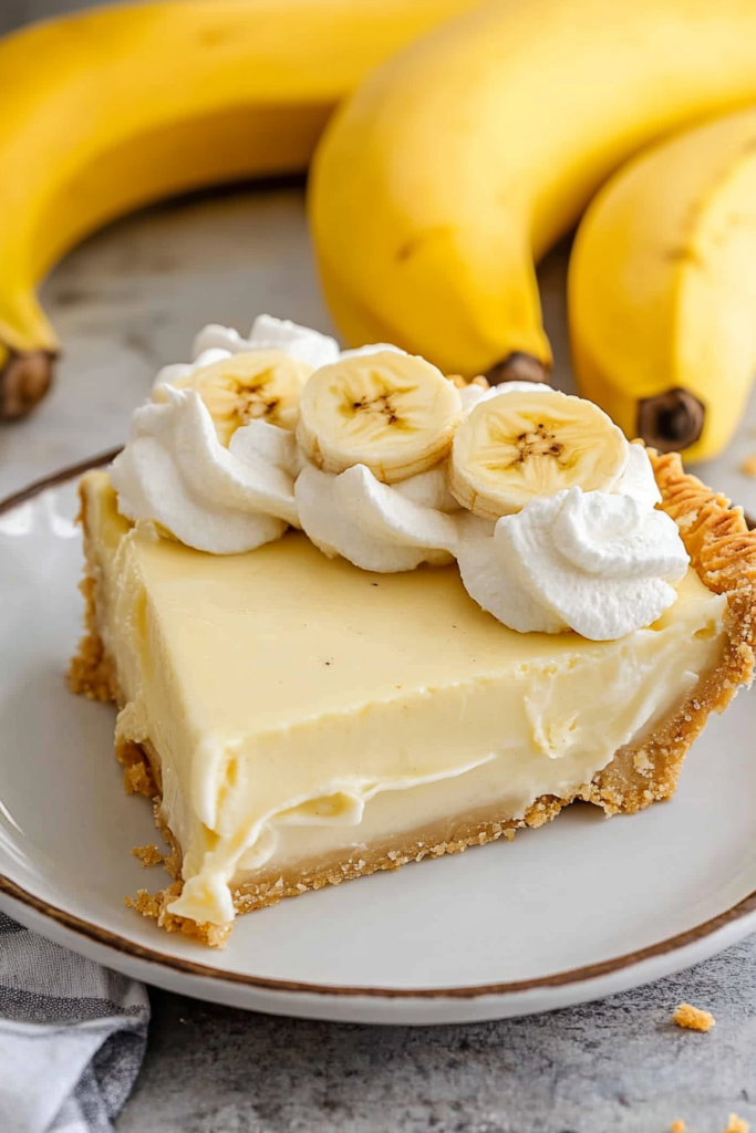 A chilled cream-filled pie slice with a crumb crust and ripe banana slices on top.