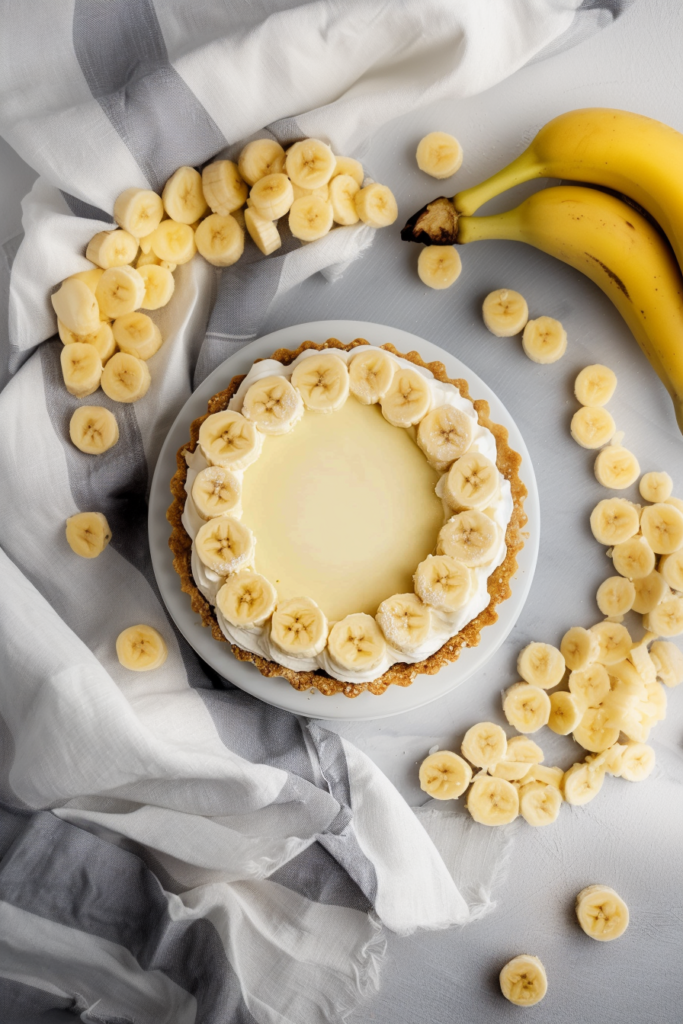 Homemade banana dessert featuring a smooth custard layer and fresh fruit topping.