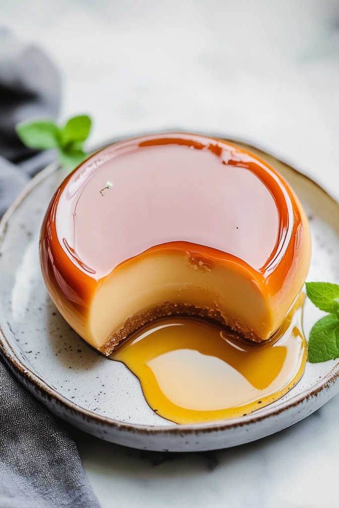 Silky caramel custard topped with fresh mint on a white plate