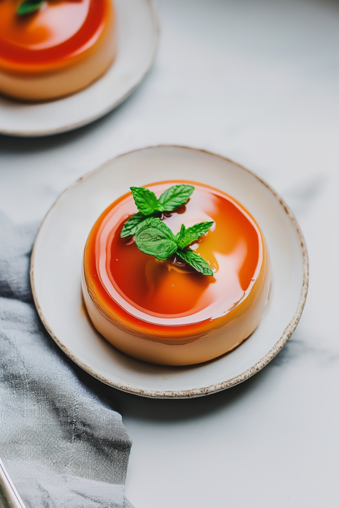 Round caramel flan served simply with a mint garnish