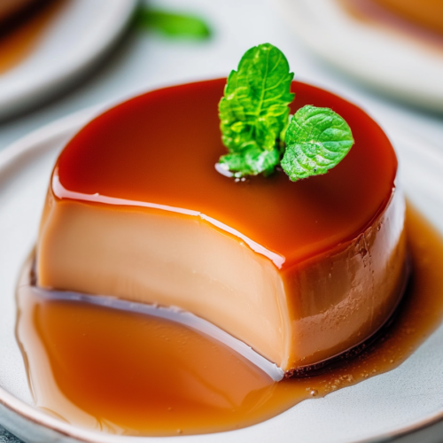 Close-up of smooth custard dessert with glossy caramel sauce