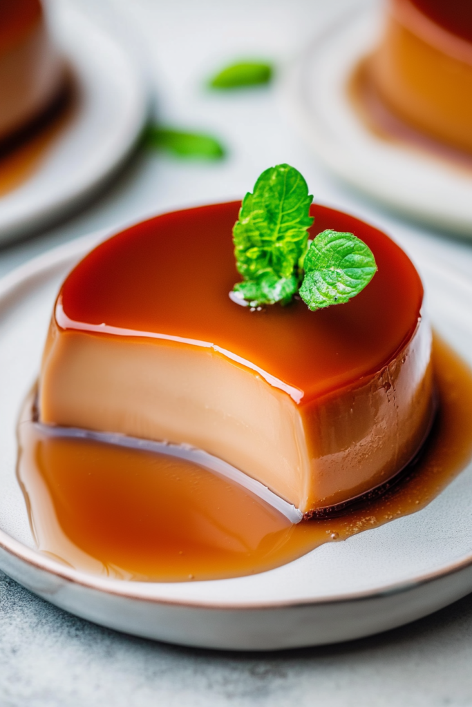 Close-up of smooth custard dessert with glossy caramel sauce