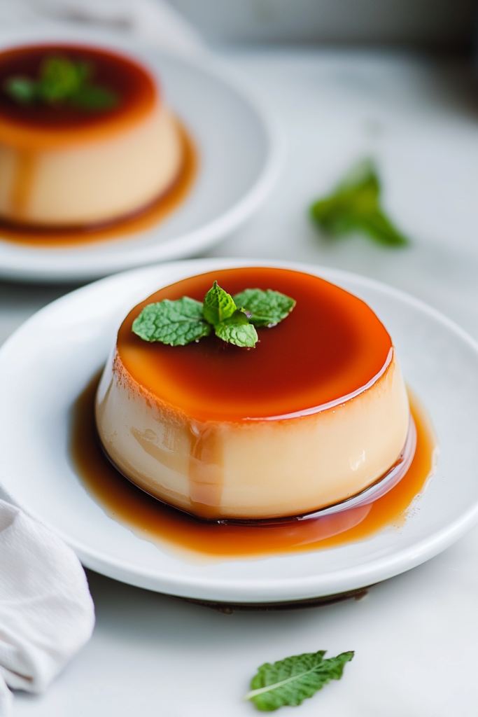 Soft baked custard with amber caramel glaze and clean presentation.
