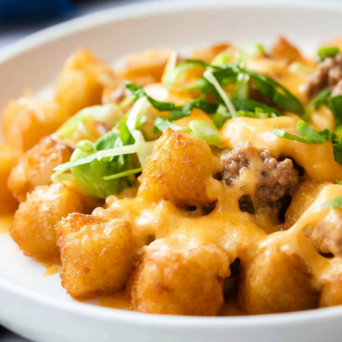 Final plated shot of a loaded tater tot bake with savory beef filling.