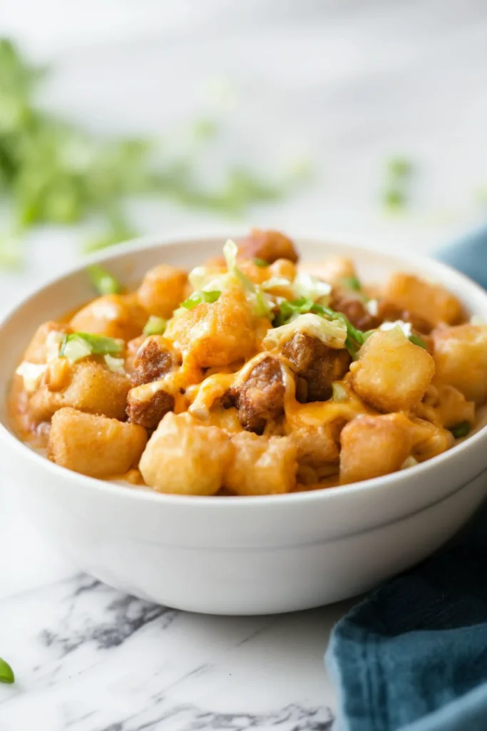 Comfort food casserole featuring crispy tots, cheese, and seasoned meat.