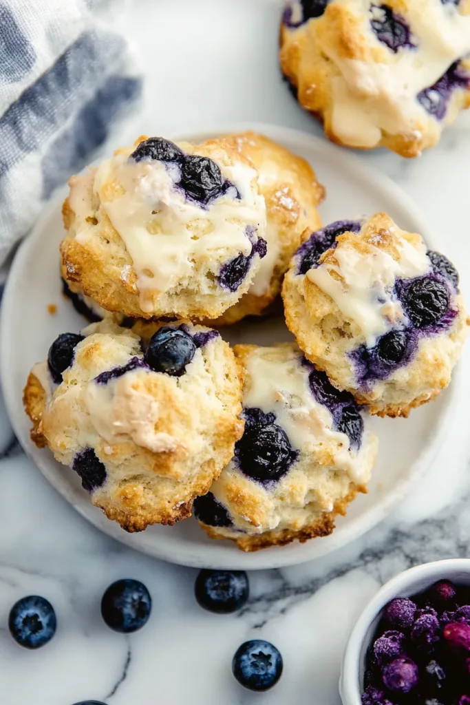 Close-up of tender biscuits studded with blueberries and drizzled icing.