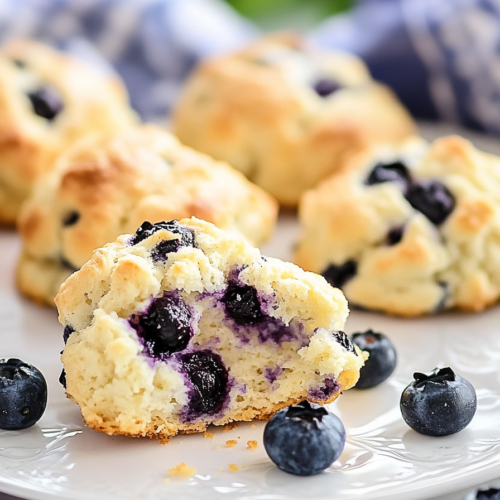 Golden homemade biscuits with blueberries and a soft, flaky texture.