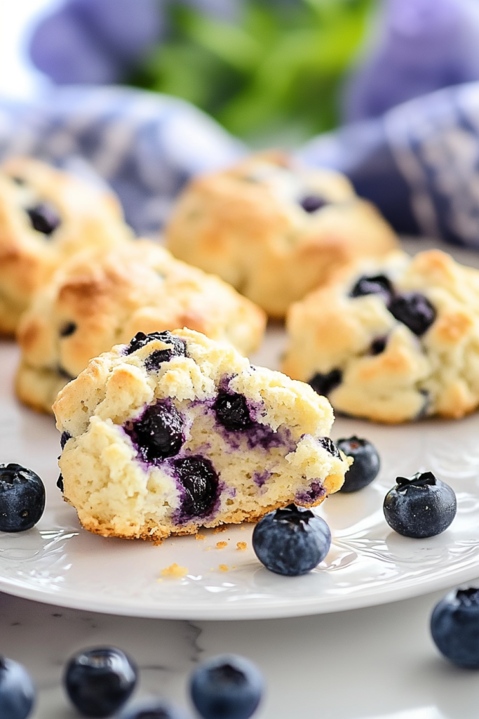 Golden homemade biscuits with blueberries and a soft, flaky texture.
