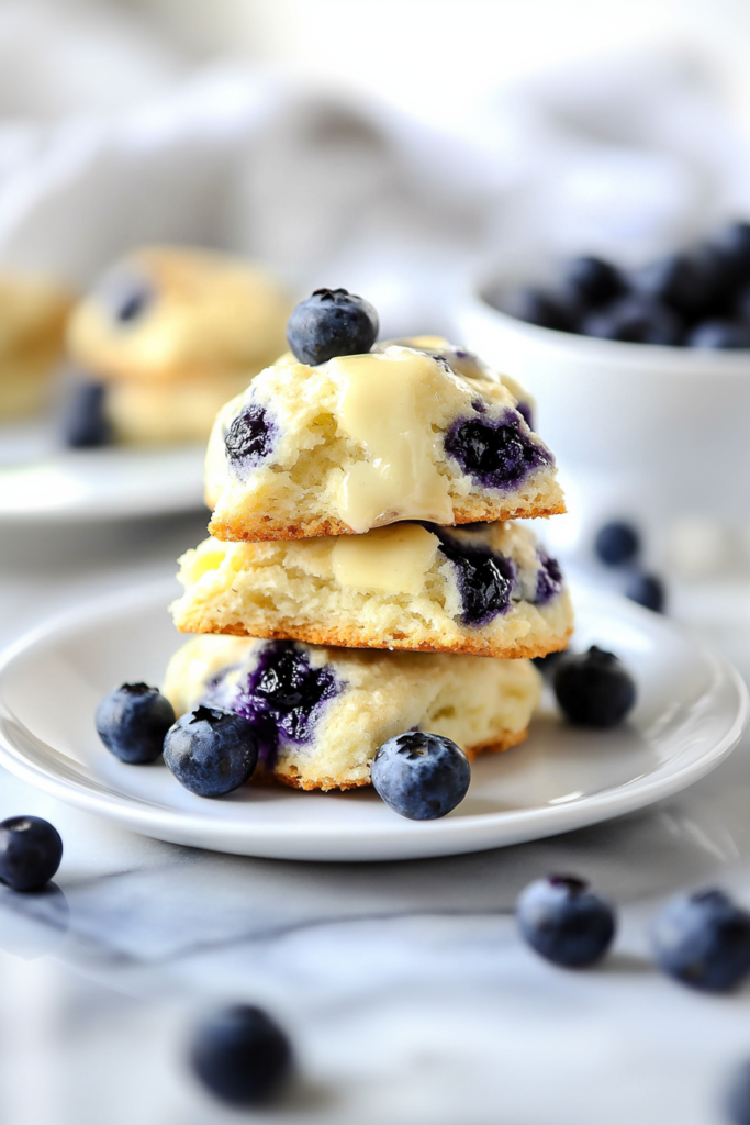 Stack of warm blueberry-filled biscuits served on a marble surface.