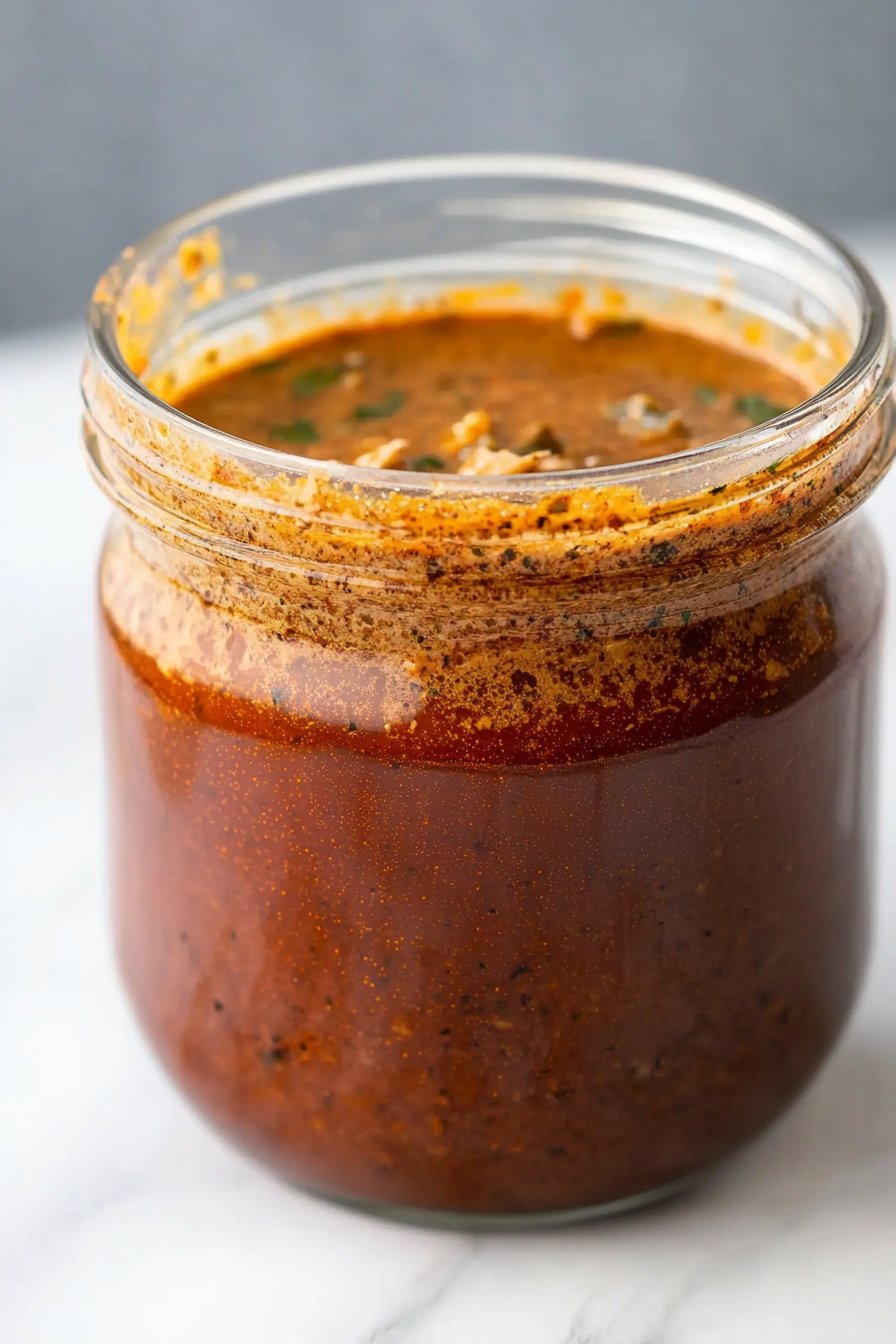 Jar filled with rich seafood dipping sauce flecked with spices and herbs.