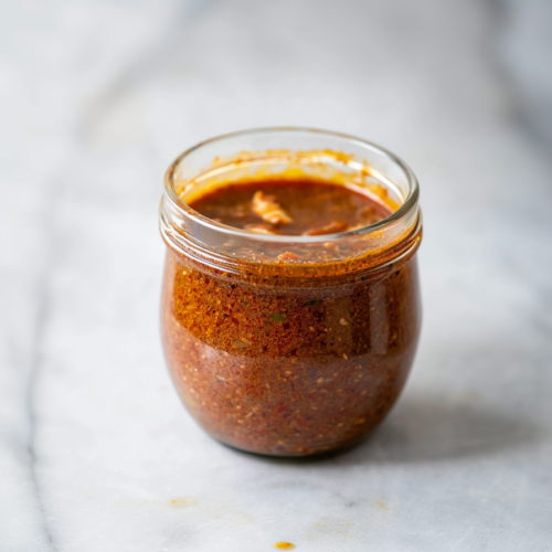 Thick reddish-brown sauce with visible spices stored in a glass jar.