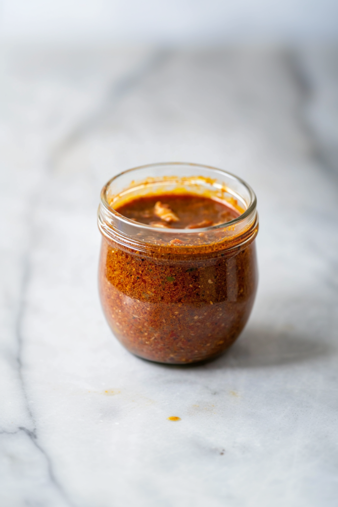 Thick reddish-brown sauce with visible spices stored in a glass jar.