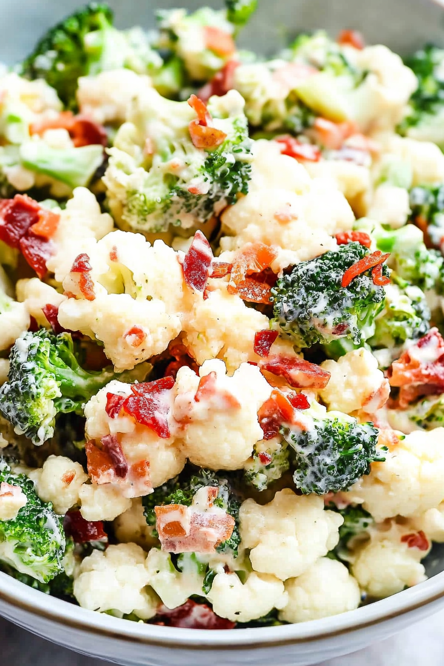 Close-up of a creamy salad with broccoli, cauliflower, and crispy bacon pieces in a white bowl.