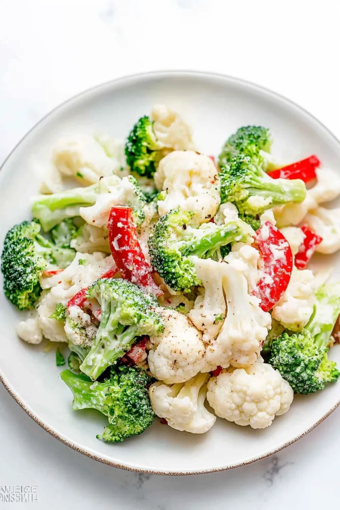 Broccoli Cauliflower Salad topped with bacon crumbles, ready to be served as a side dish.