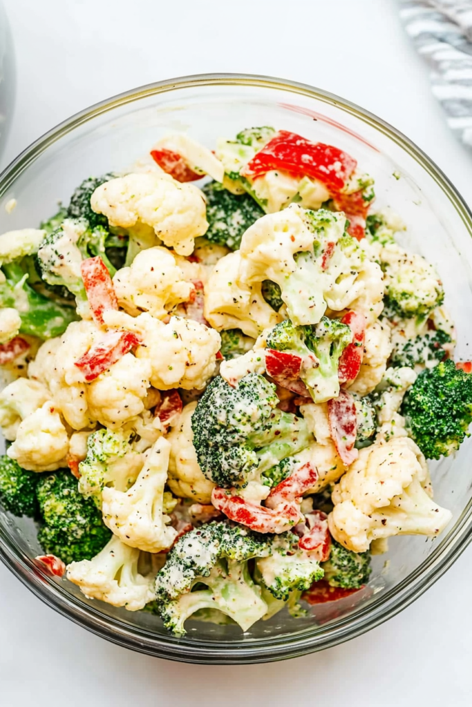 Fresh florets of broccoli and cauliflower coated in dressing, garnished with bits of smoky bacon.