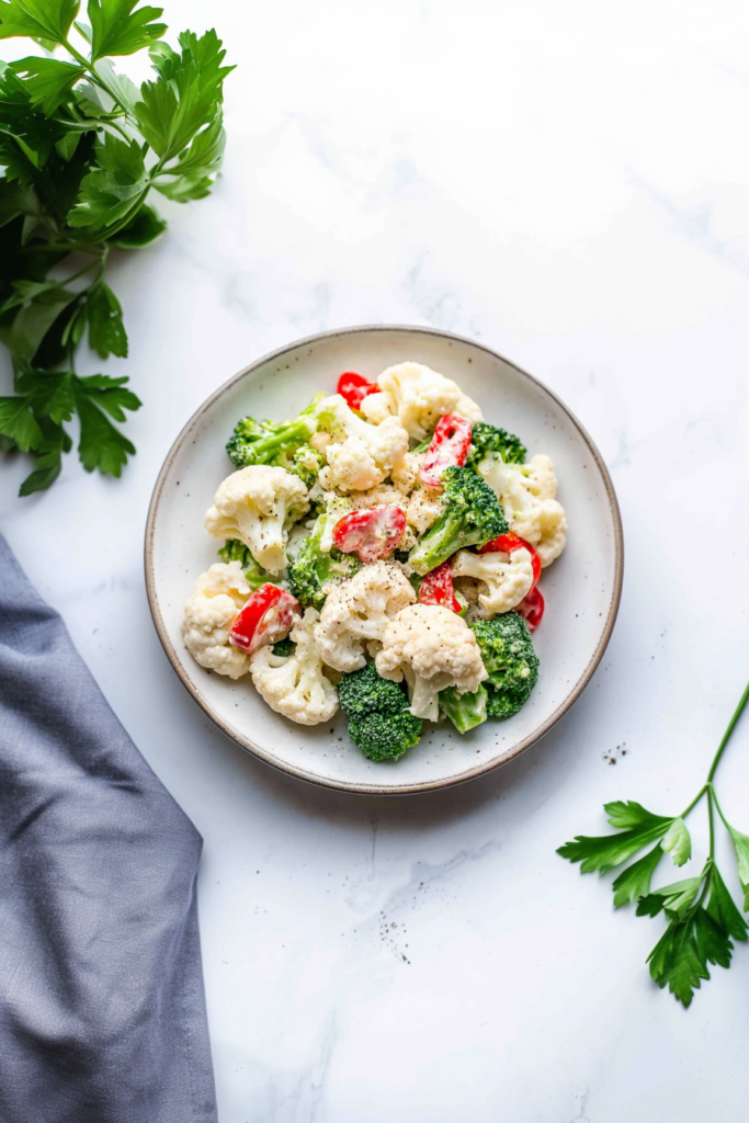 Overhead view of a vibrant green and white salad served in a rustic ceramic dish.