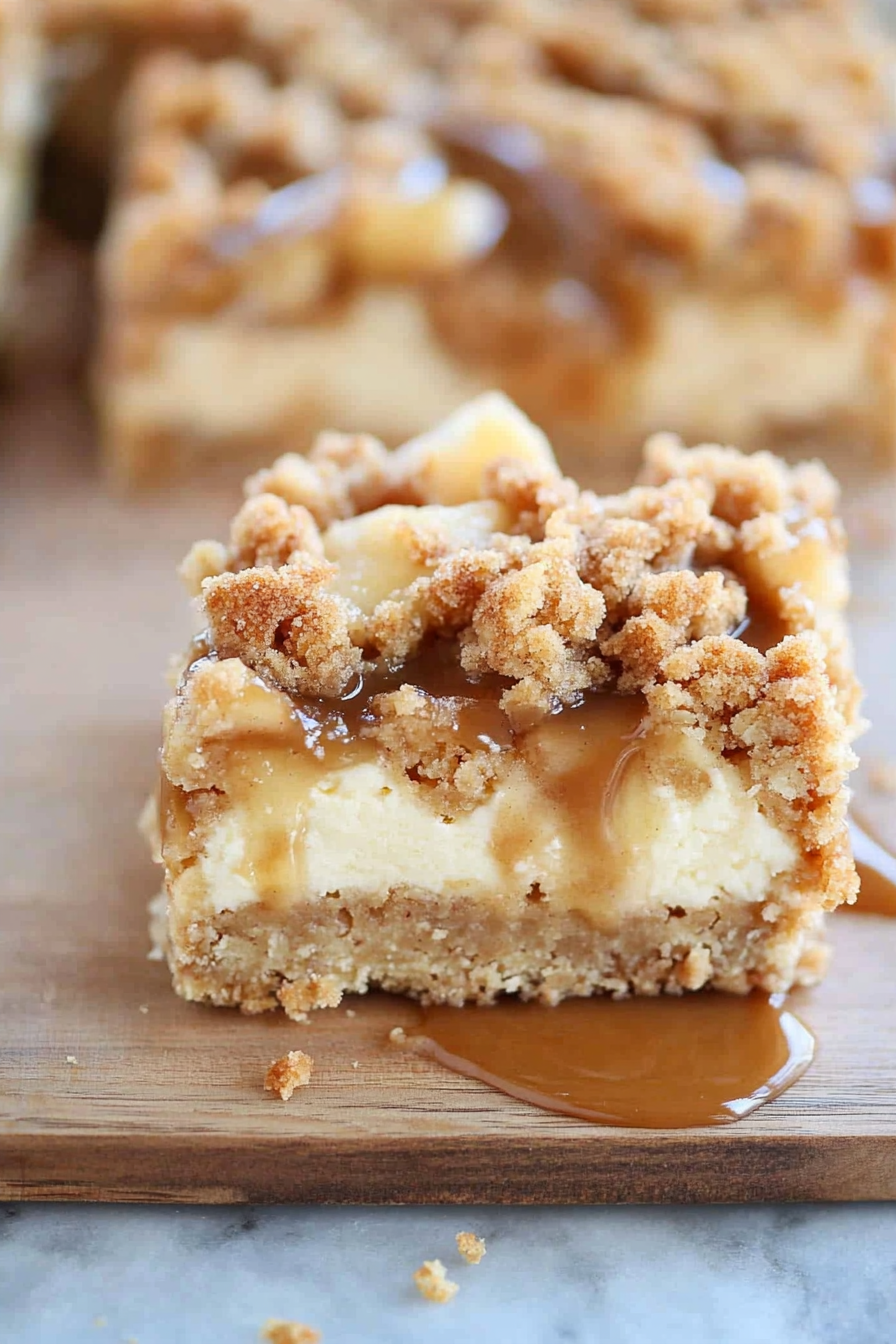 Caramel apple cheesecake bars layered with creamy filling, apple slices, and golden crumble.
