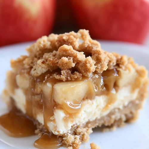 Close-up of a cheesecake bar topped with caramel sauce and fresh apple pieces.