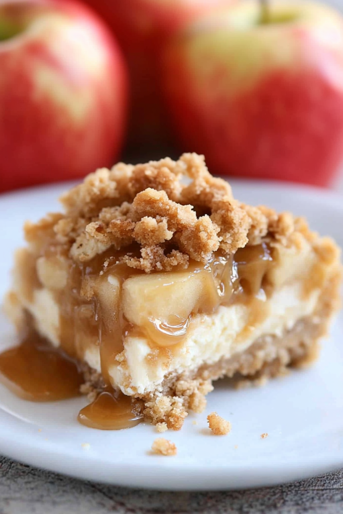 Close-up of a cheesecake bar topped with caramel sauce and fresh apple pieces.