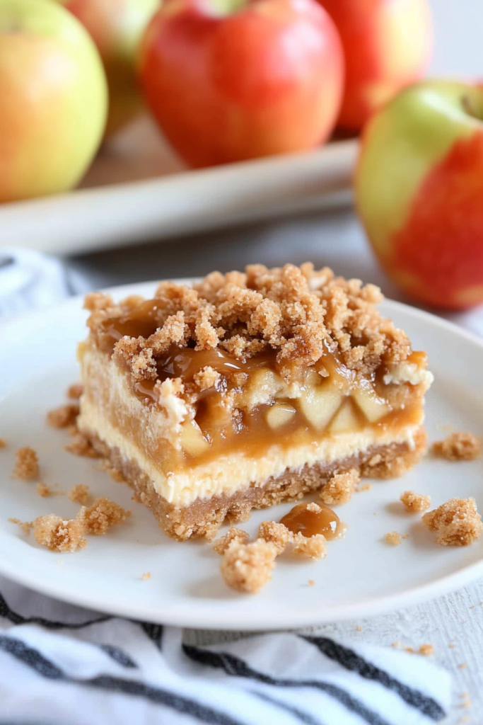 A dessert bar with crumbly topping, drizzled caramel, and chunks of baked apple.