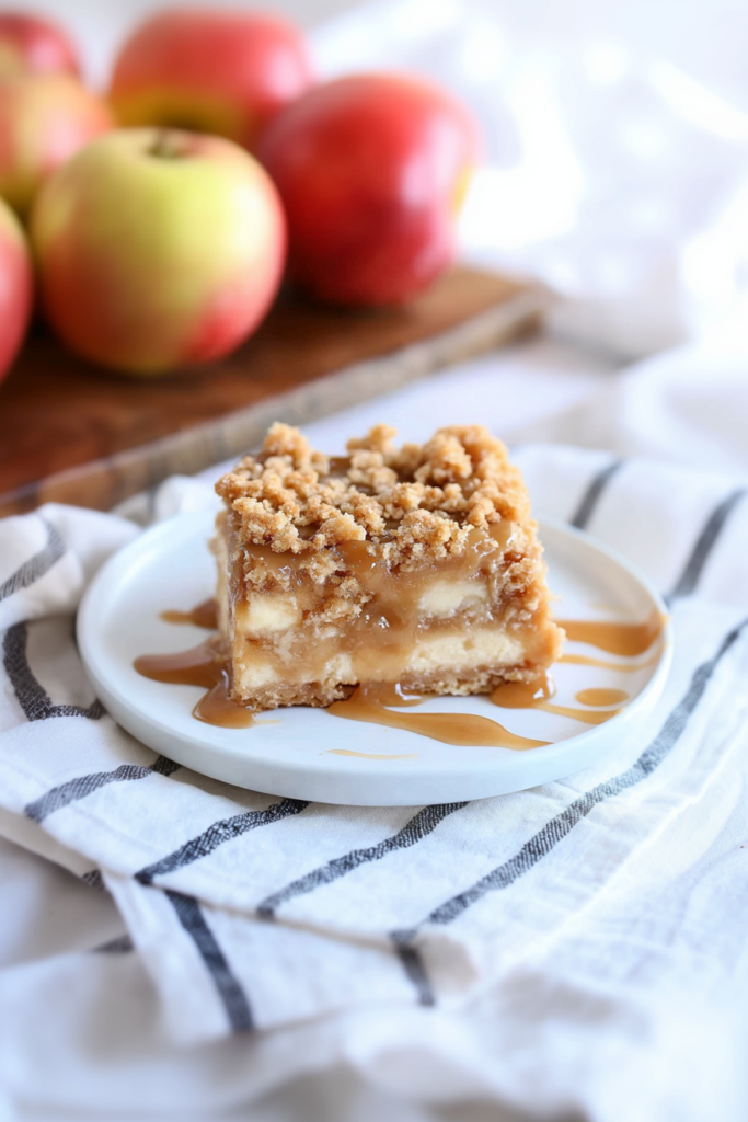 Final plated shot of rich cheesecake layered with apples, crumble, and caramel drizzle.