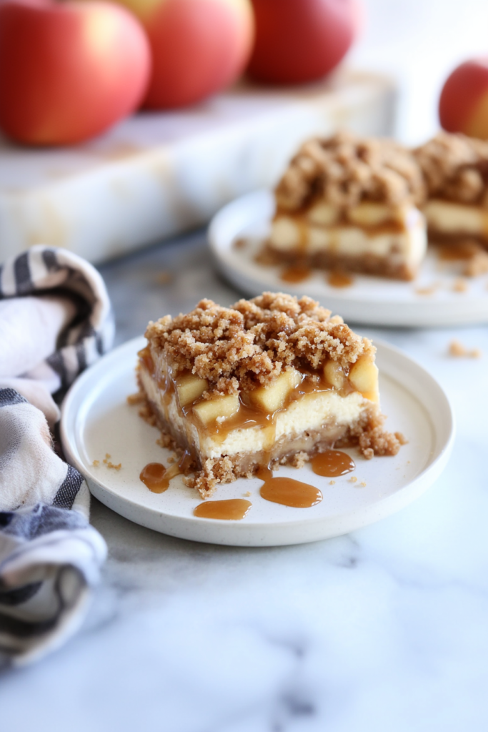 Classic caramel apple cheesecake bars, sweet and creamy with a buttery base and apple topping.