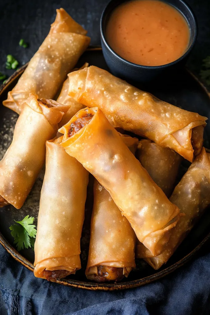 Crispy golden spring rolls filled with seasoned beef, cheese, and vegetables.